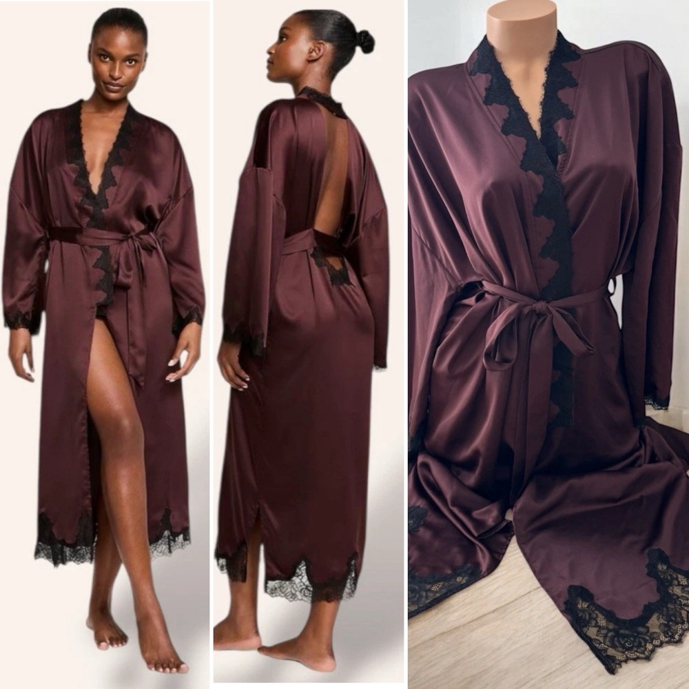 Victoria's Secret Satin Lace Open Back Long Robe Luxe Kimono Peignoir